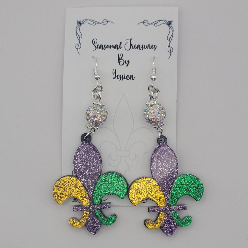 Handmade Beaded Fleur de Lis Mardi Gras Earrings